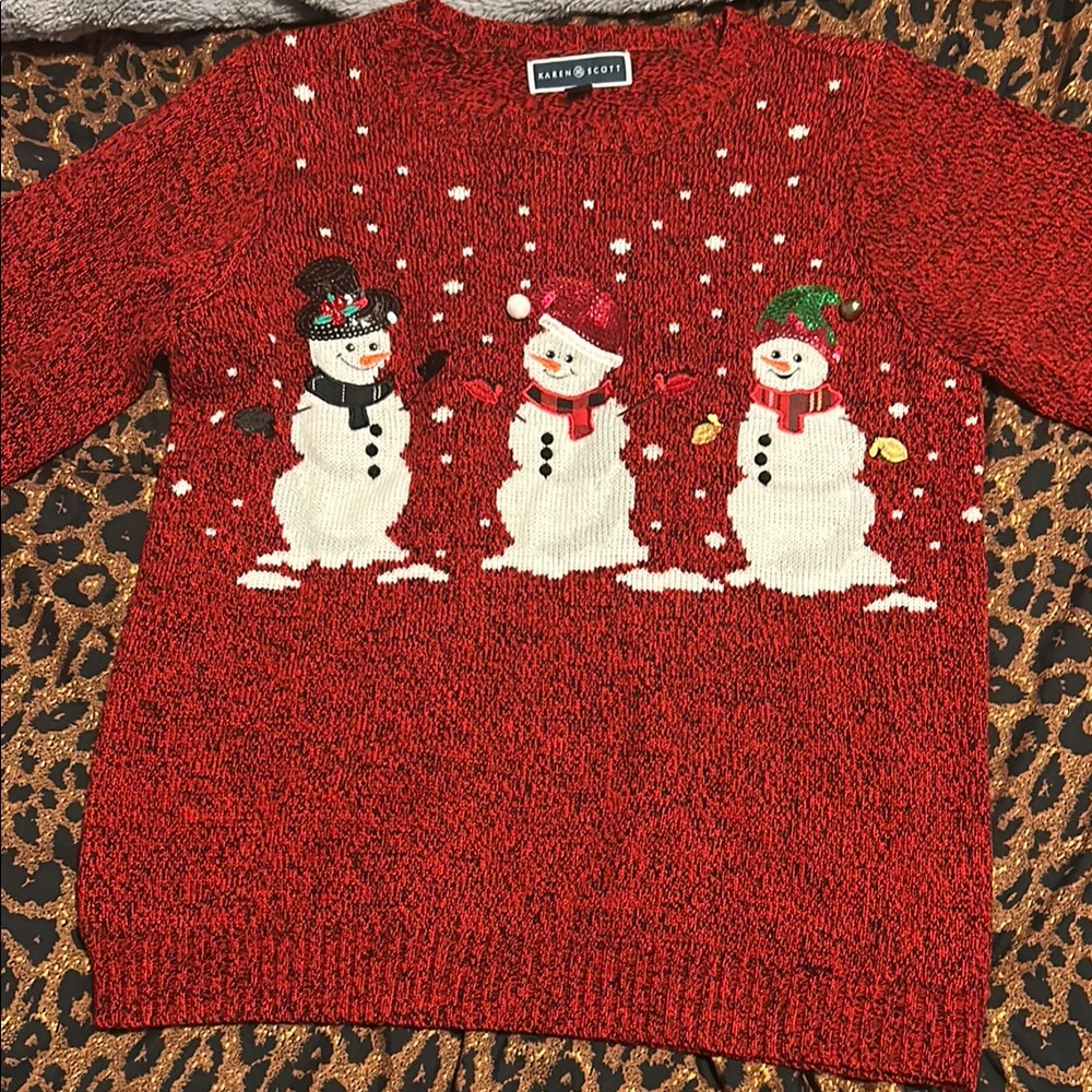Karen Scott Red and White Crewneck Sweater Snowman Design